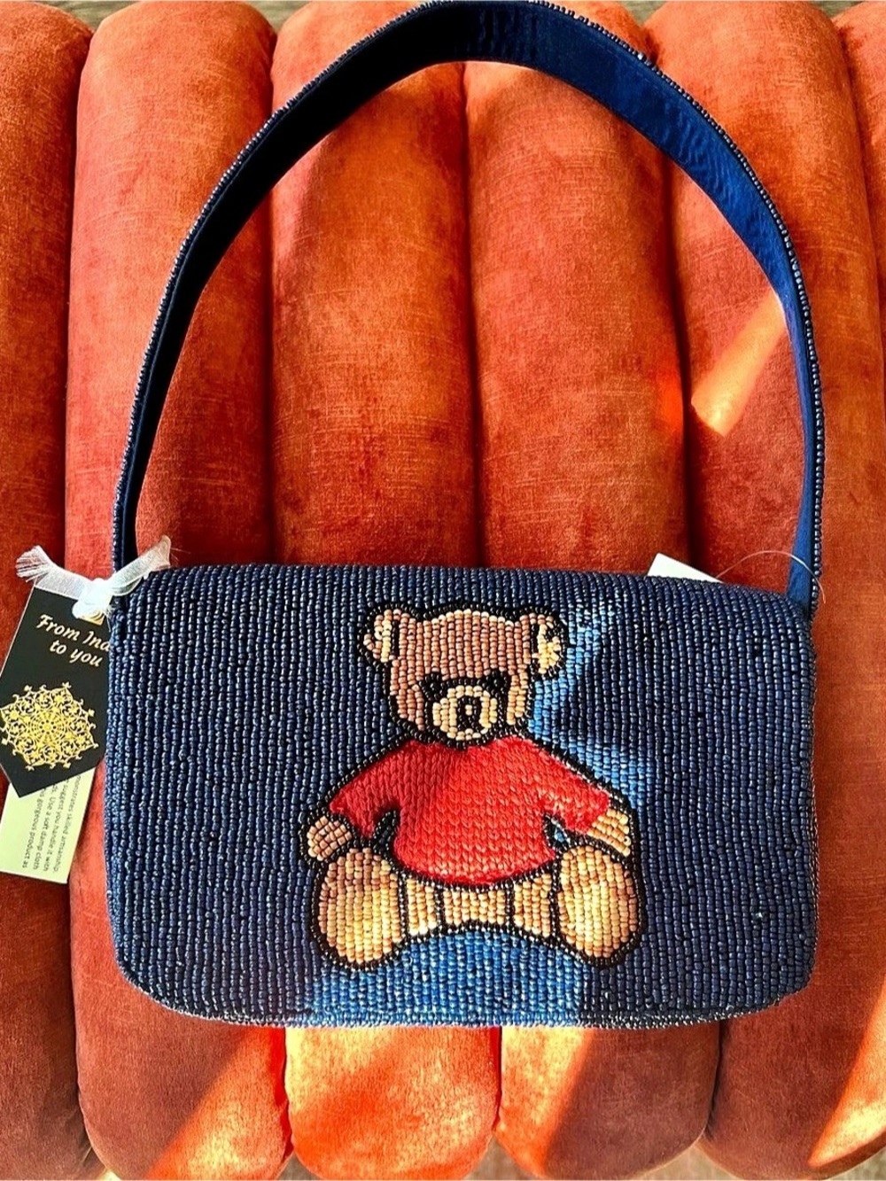 Handcrafted Beaded Teddy Bear Shoulder Bag Blue & Red NWT